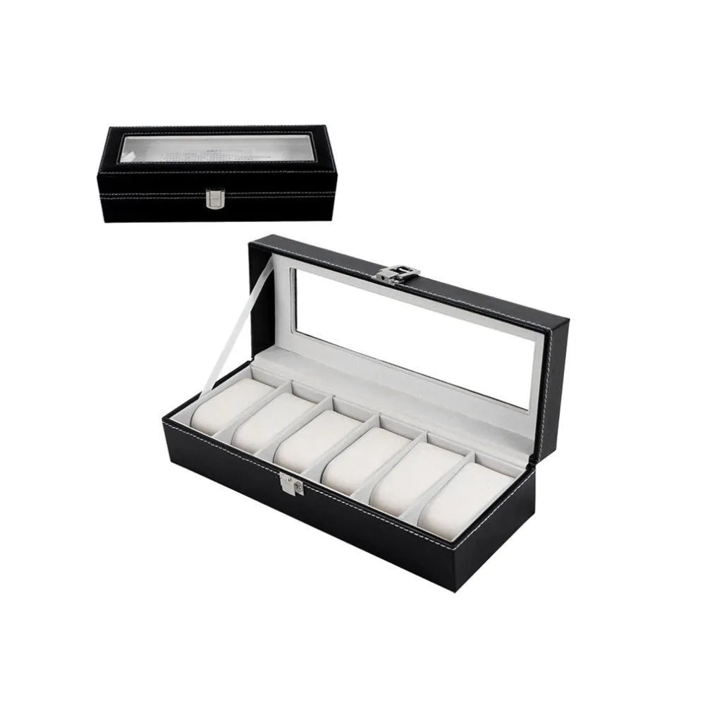 Black wooden watch display case with six watch windows showing dimensions