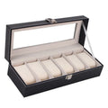 Black wooden watch display case with six watch windows showing dimensions