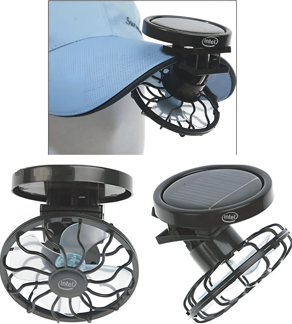 Black portable solar fan with clip and fold-out solar panel for outdoor cooling.