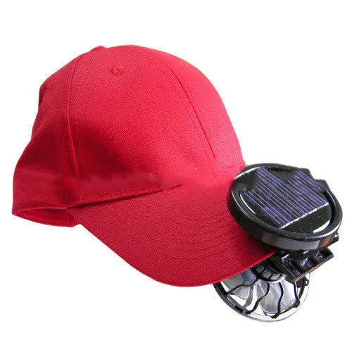 Black portable solar fan with clip and fold-out solar panel for outdoor cooling.