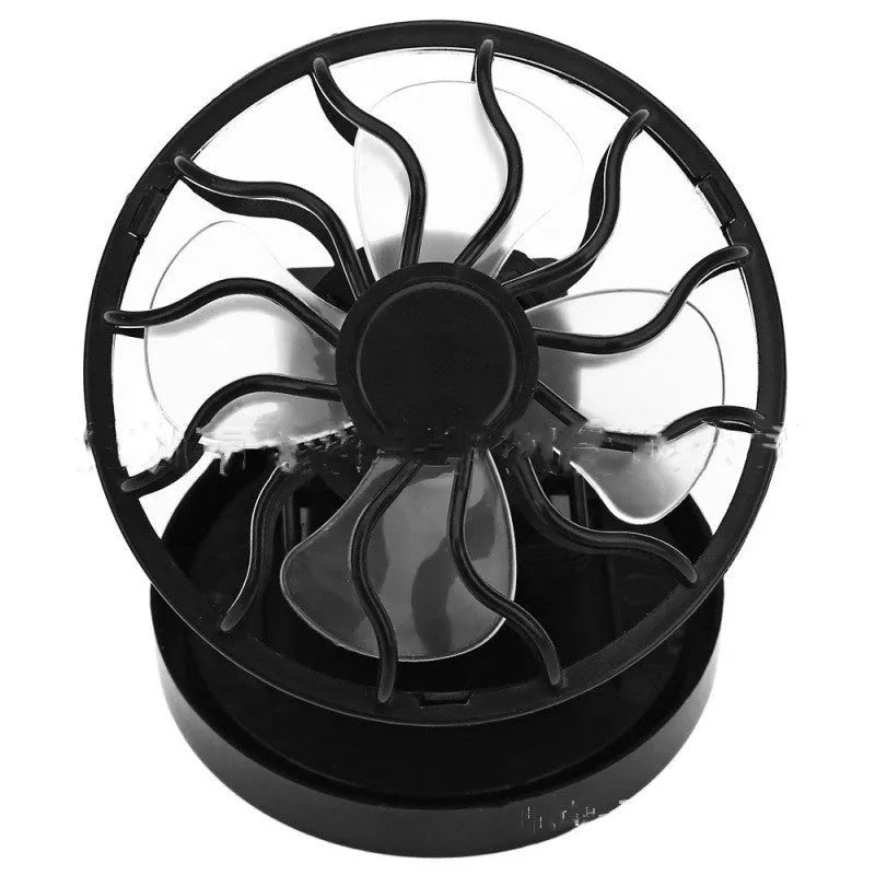 Black portable solar fan with clip and fold-out solar panel for outdoor cooling.