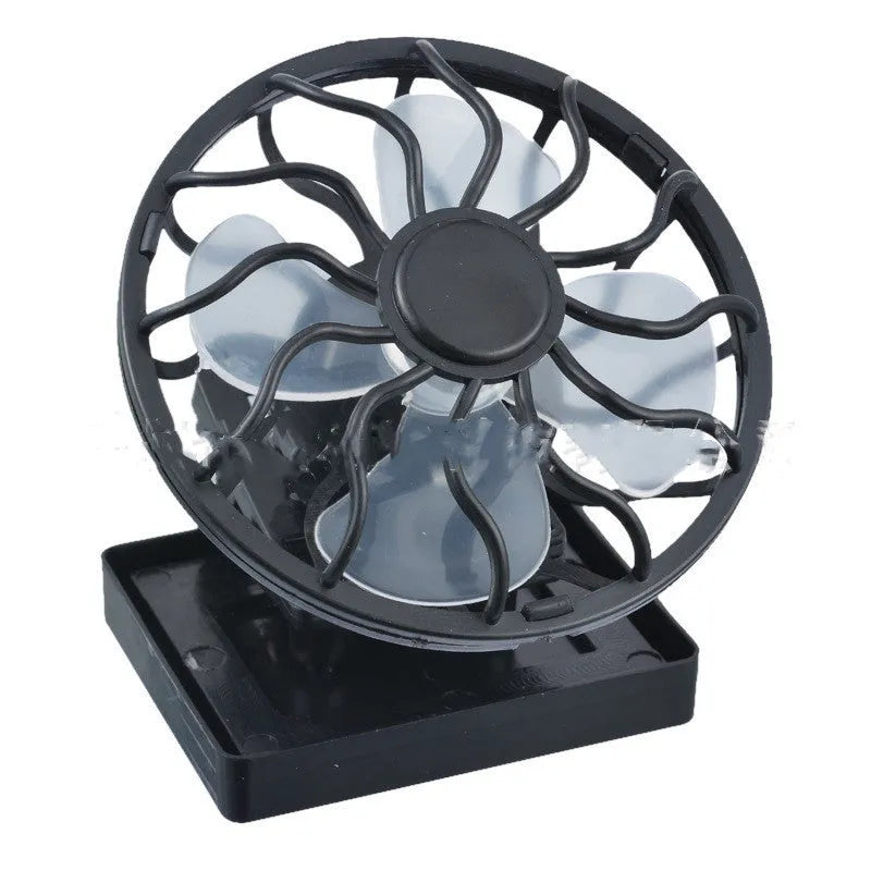 Black portable solar fan with clip and fold-out solar panel for outdoor cooling.