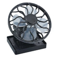 Black portable solar fan with clip and fold-out solar panel for outdoor cooling.