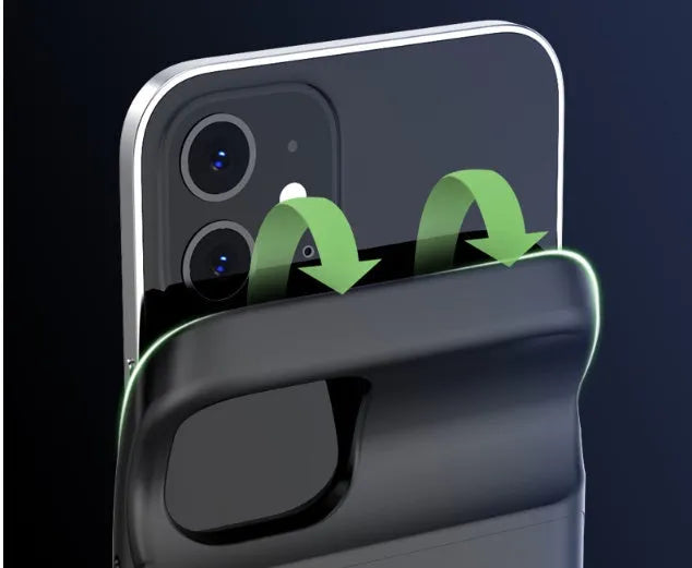 Black ultra-thin TPU wireless back clip battery pack for iPhone 12 models showing dimensions and clip mechanism