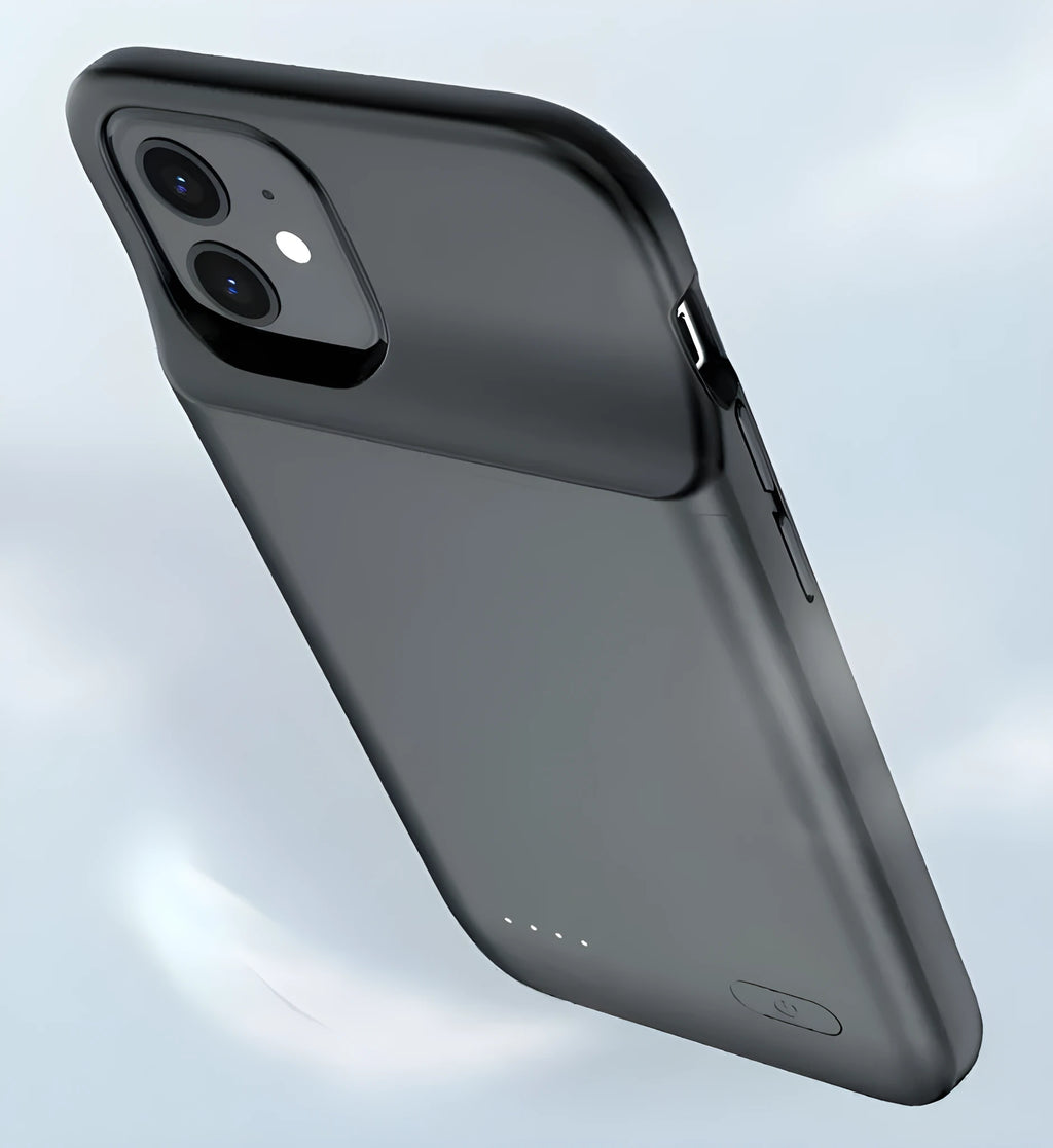 Black ultra-thin TPU wireless back clip battery pack for iPhone 12 models showing dimensions and clip mechanism