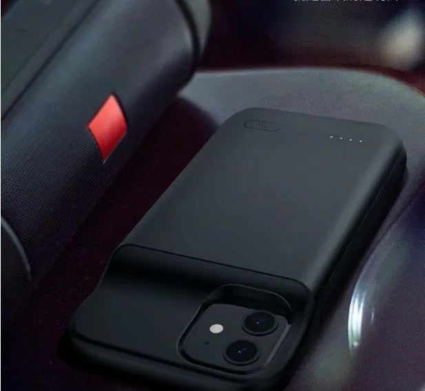 Black ultra-thin TPU wireless back clip battery pack for iPhone 12 models showing dimensions and clip mechanism
