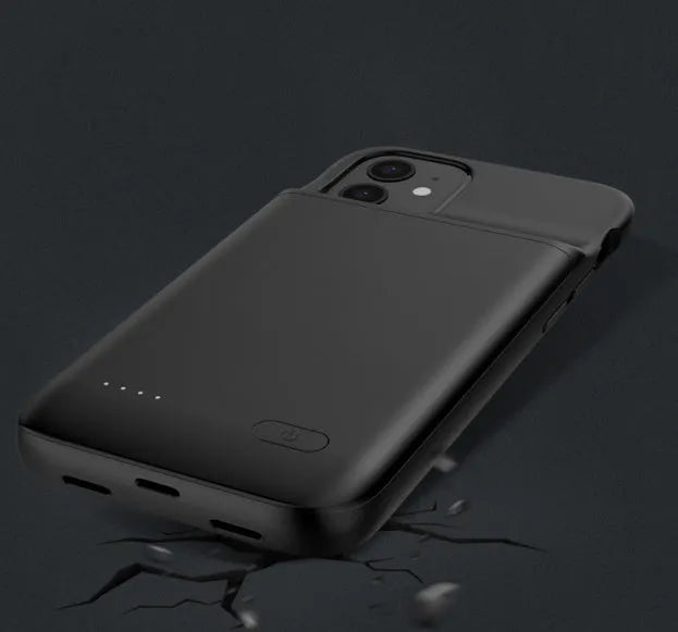 Black ultra-thin TPU wireless back clip battery pack for iPhone 12 models showing dimensions and clip mechanism