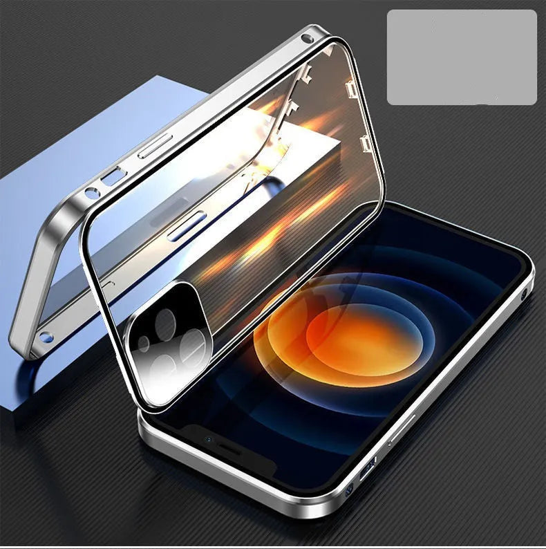 iPhone metal frame bumper case with double-sided tempered glass in black, blue, red, silver colours