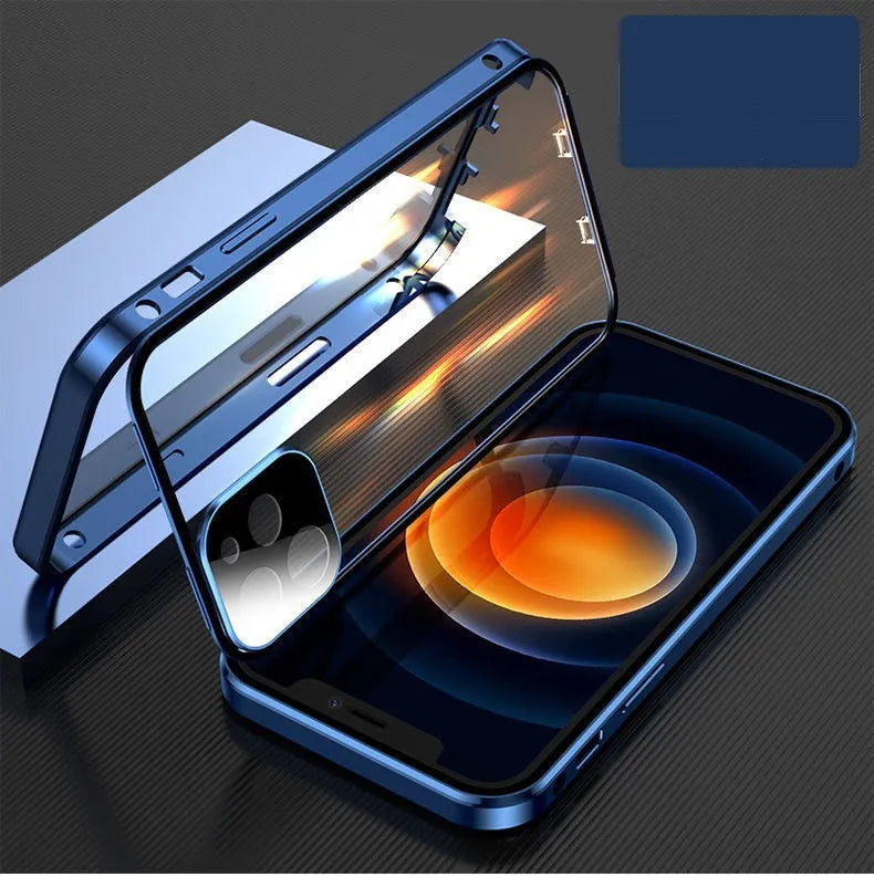 iPhone metal frame bumper case with double-sided tempered glass in black, blue, red, silver colours
