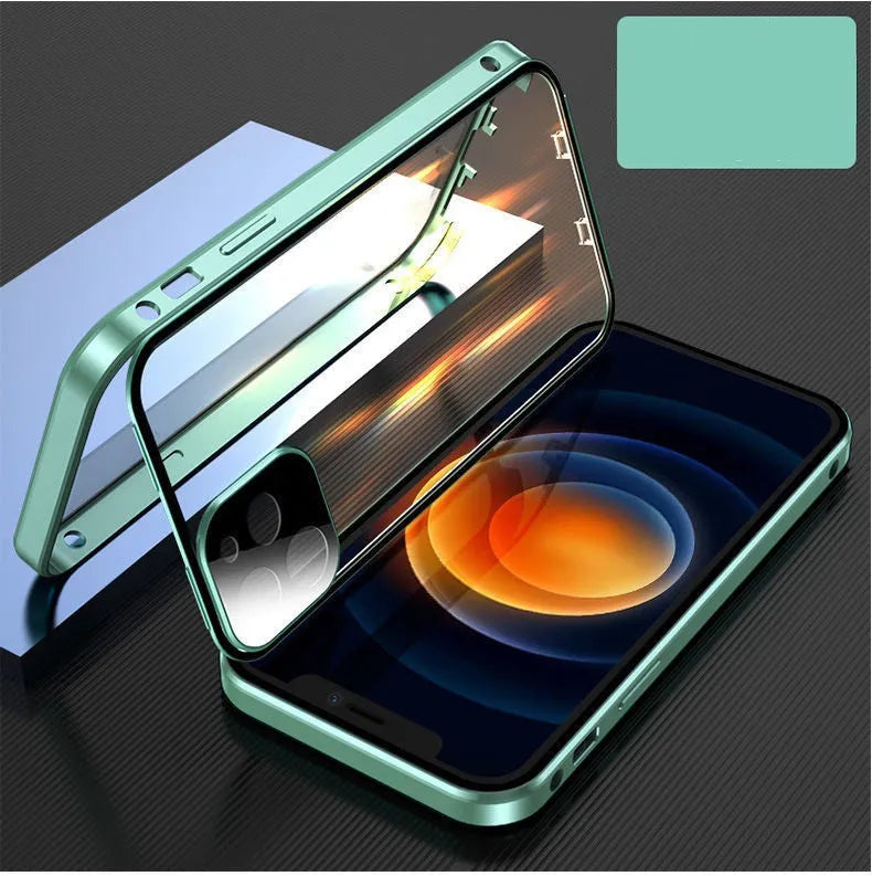 iPhone metal frame bumper case with double-sided tempered glass in black, blue, red, silver colours