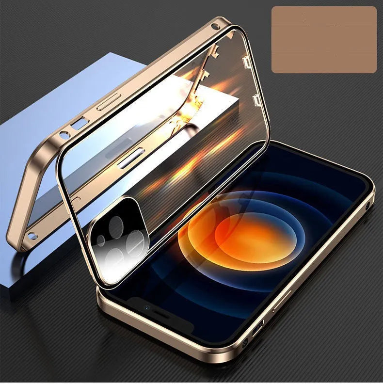 iPhone metal frame bumper case with double-sided tempered glass in black, blue, red, silver colours