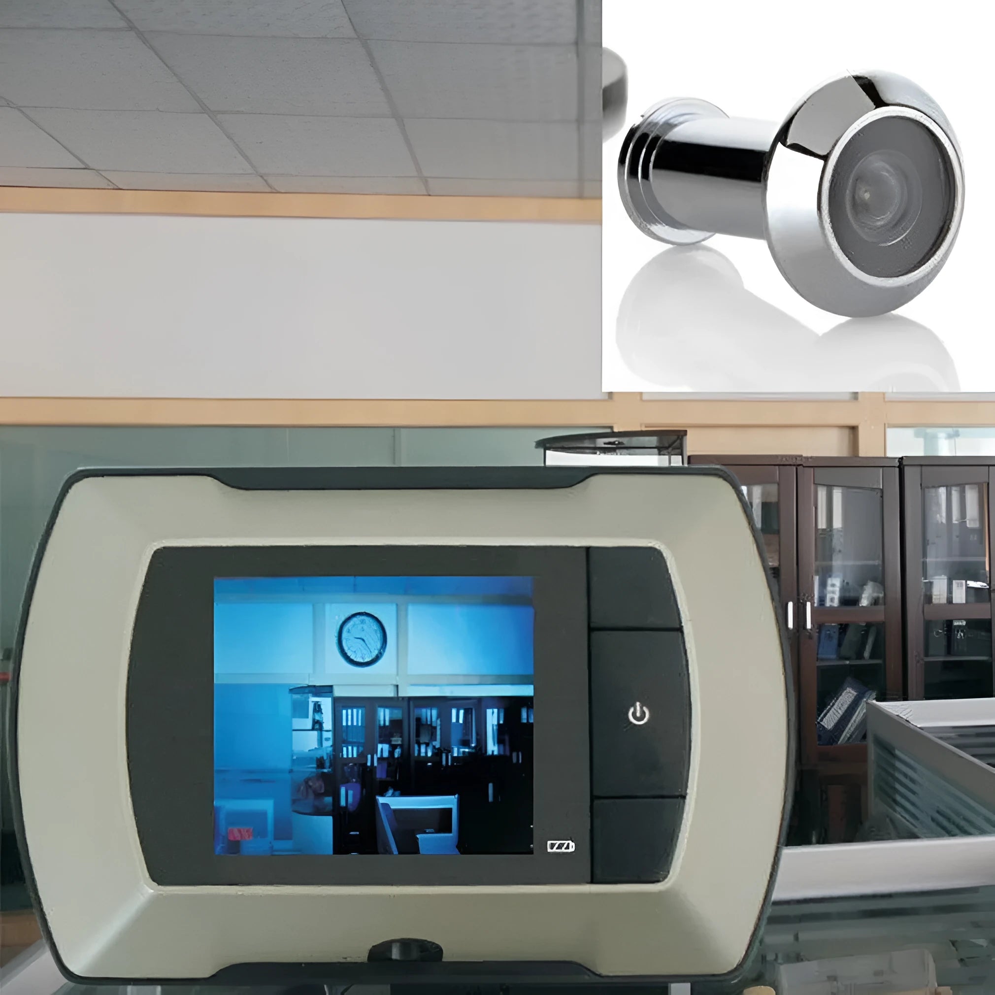 Digital wireless door peephole monitor with indoor LCD screen and outdoor camera unit.