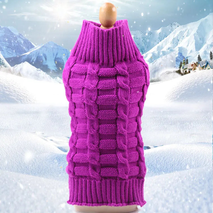 Wool knitted dog sweater with twisted rope detail in red on a mannequin, size chart showing XS to XL measurements.