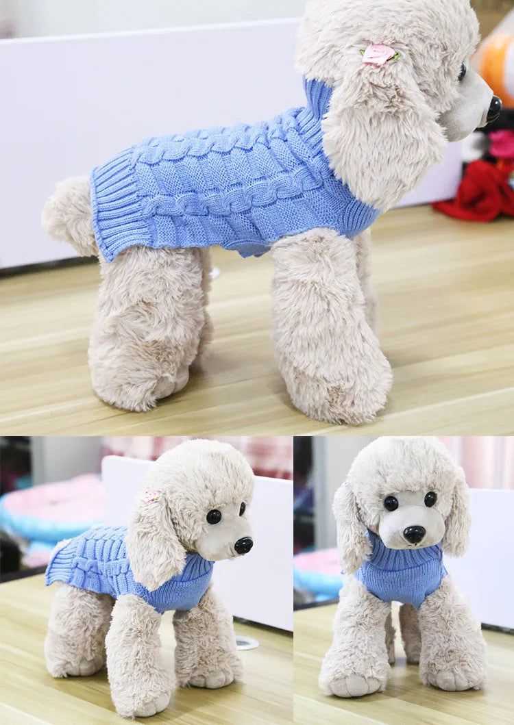Wool knitted dog sweater with twisted rope detail in red on a mannequin, size chart showing XS to XL measurements.