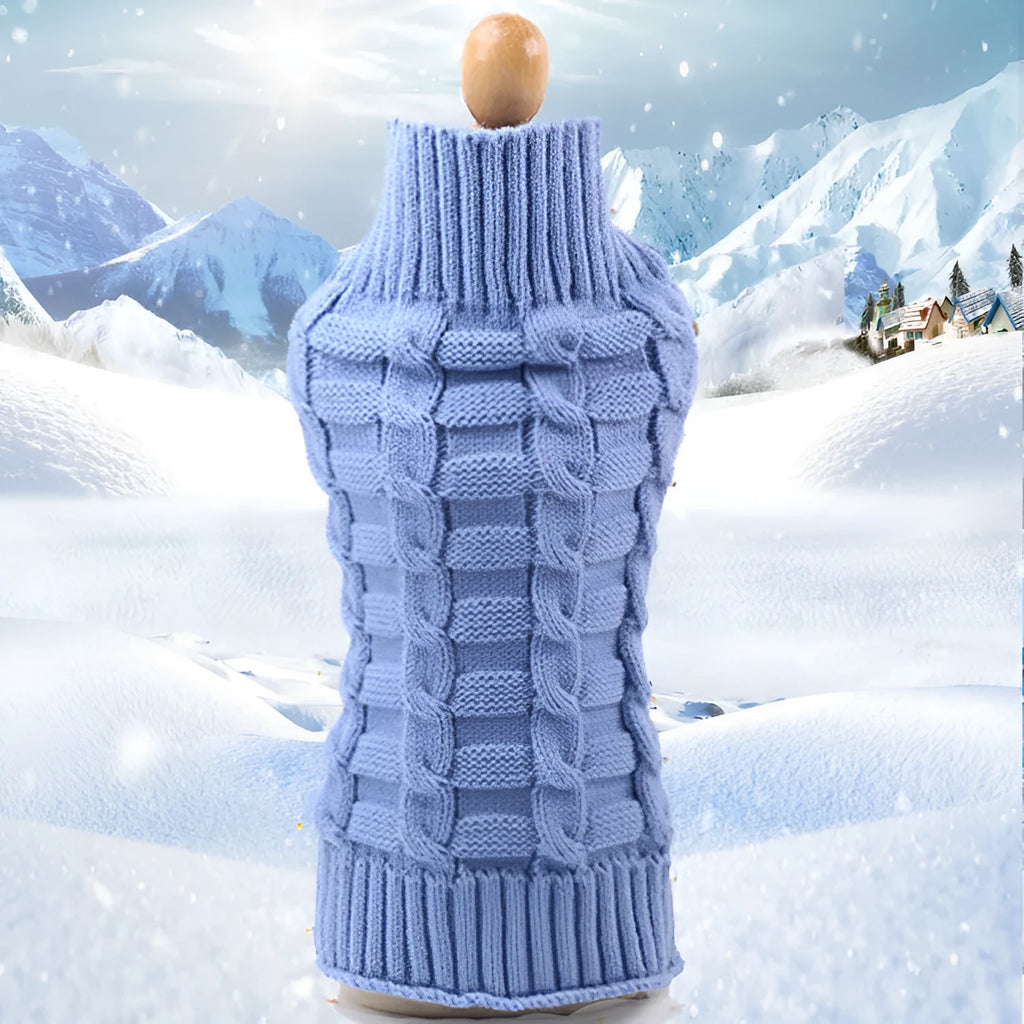 Wool knitted dog sweater with twisted rope detail in red on a mannequin, size chart showing XS to XL measurements.