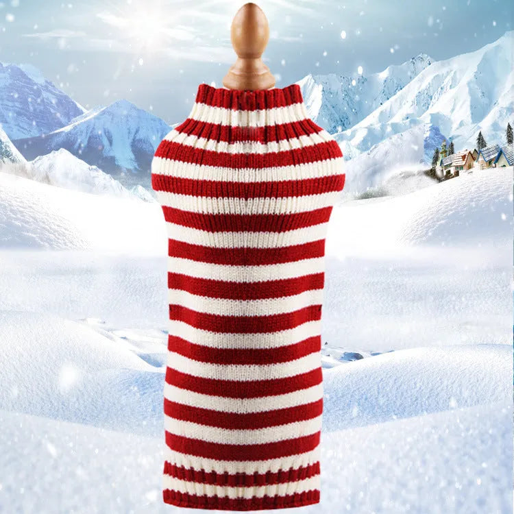 Wool knitted dog sweater with twisted rope detail in red on a mannequin, size chart showing XS to XL measurements.