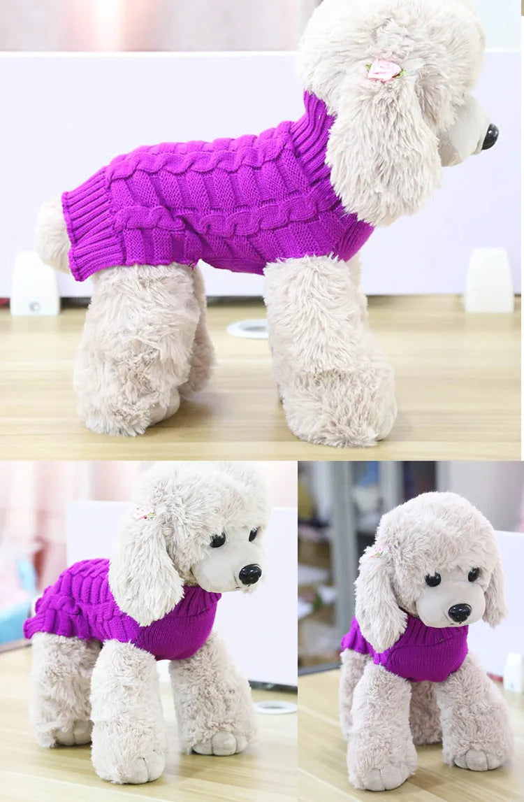 Wool knitted dog sweater with twisted rope detail in red on a mannequin, size chart showing XS to XL measurements.