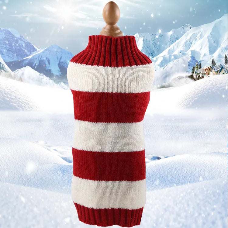 Wool knitted dog sweater with twisted rope detail in red on a mannequin, size chart showing XS to XL measurements.