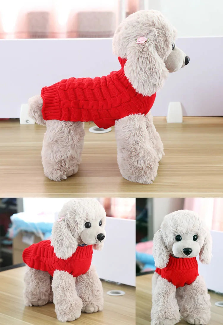 Wool knitted dog sweater with twisted rope detail in red on a mannequin, size chart showing XS to XL measurements.