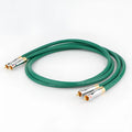 Silver audiophile RCA audio cable with lotus plugs, showing 4-core shielded construction.