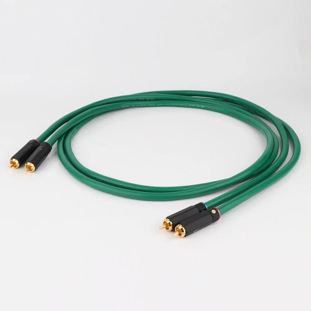 Silver audiophile RCA audio cable with lotus plugs, showing 4-core shielded construction.