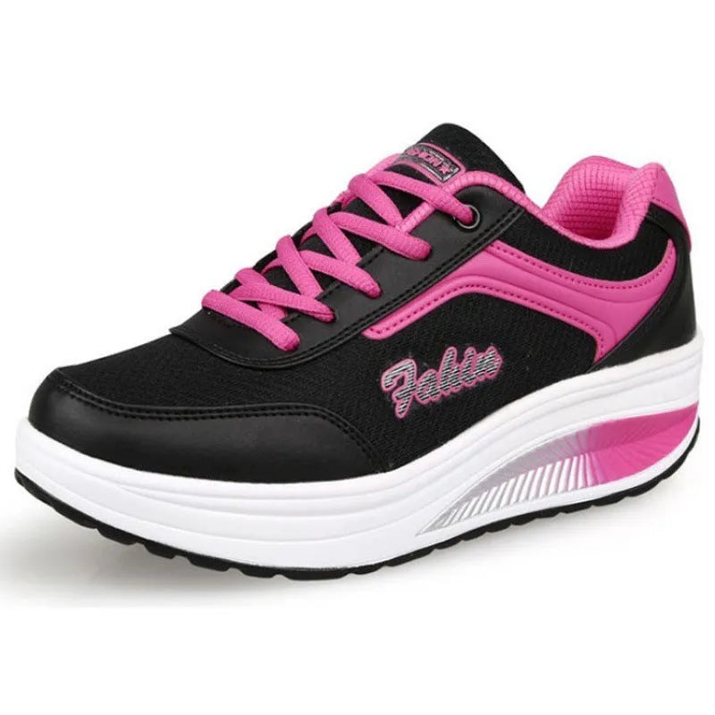 Women's heelless sports shoes in multiple colours with a middle heel, shown on a size chart from 35 to 42.