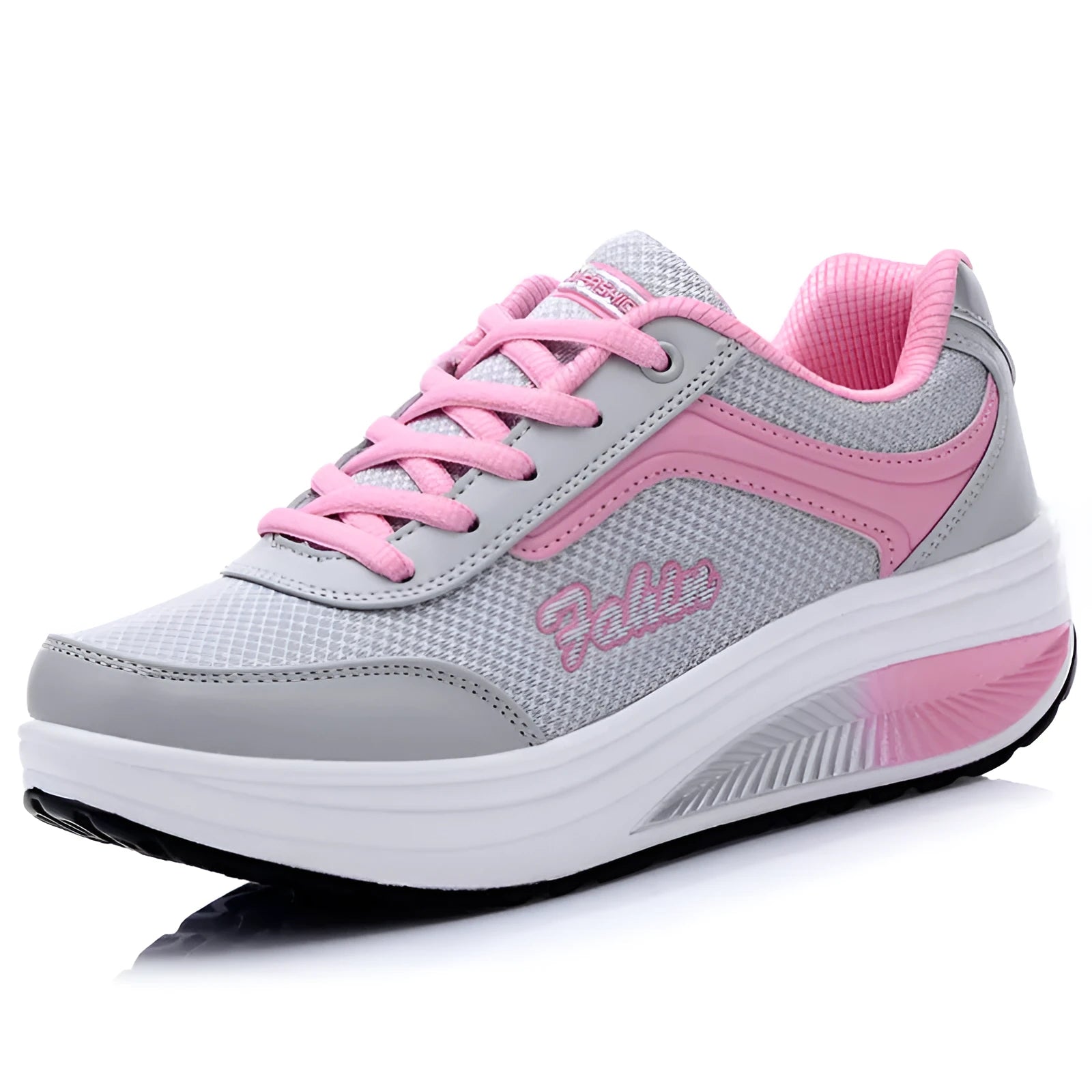 Women's heelless sports shoes in multiple colours with a middle heel, shown on a size chart from 35 to 42.