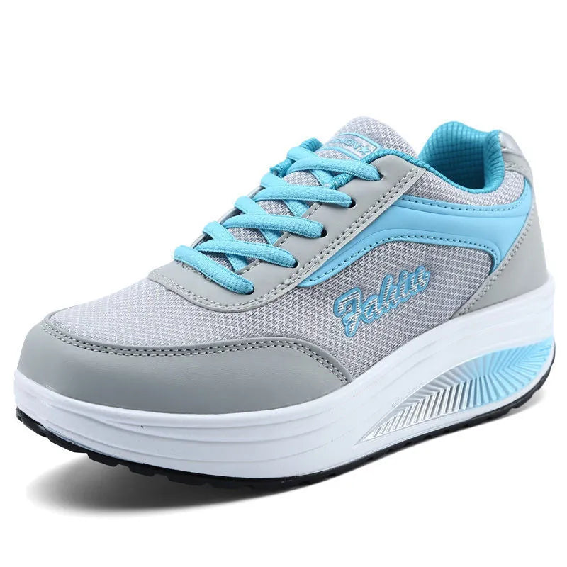 Women's heelless sports shoes in multiple colours with a middle heel, shown on a size chart from 35 to 42.