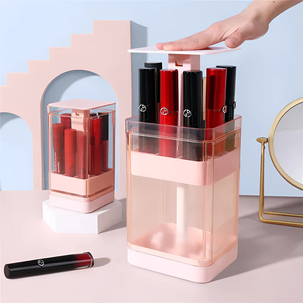 White press lift lipstick storage box with dust-proof lid open on a desktop
