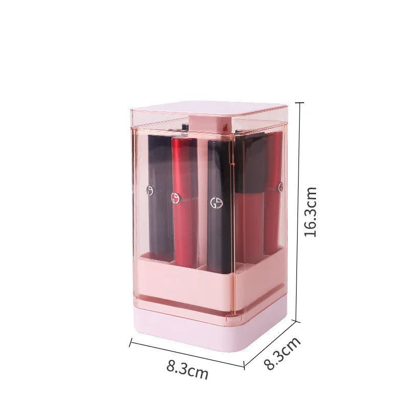 White press lift lipstick storage box with dust-proof lid open on a desktop