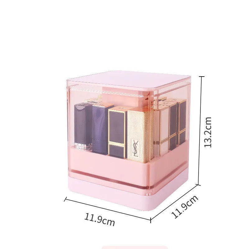 White press lift lipstick storage box with dust-proof lid open on a desktop