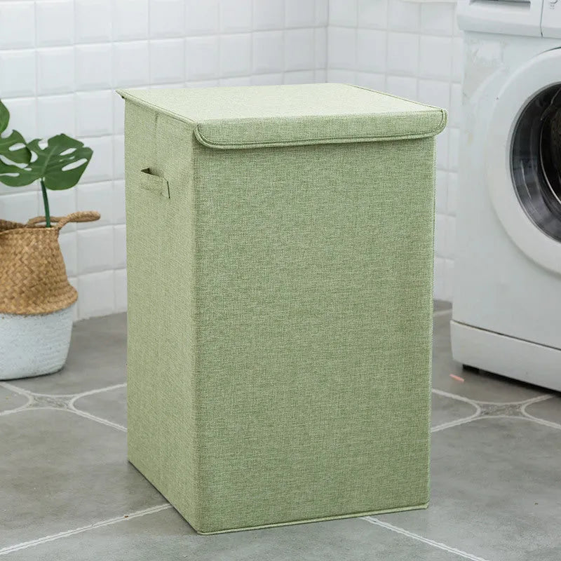 Washable fabric laundry sorting box in beige, showing cotton linen material and covered design for bathroom storage.