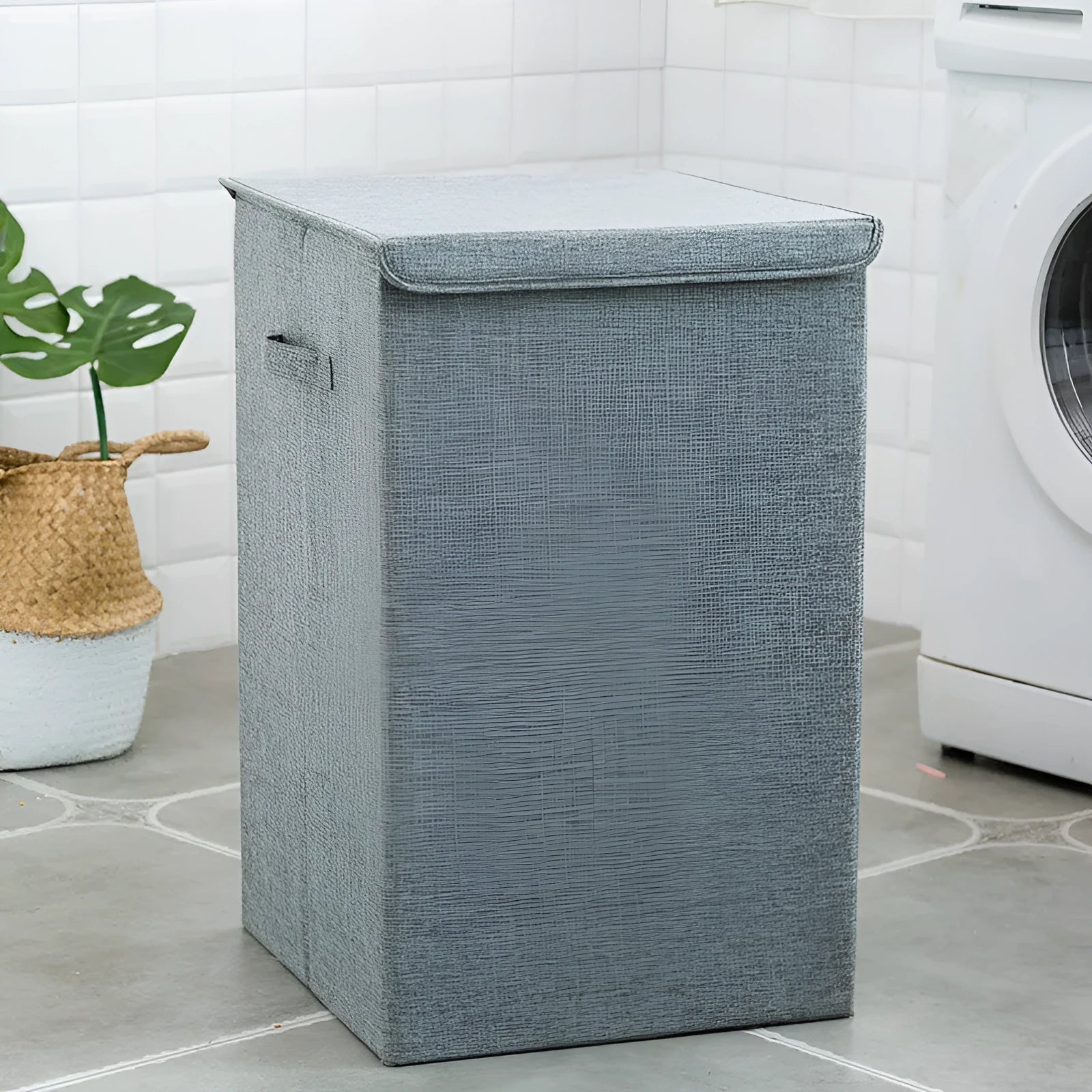 Washable fabric laundry sorting box in beige, showing cotton linen material and covered design for bathroom storage.
