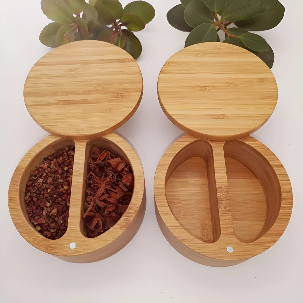 Bamboo seasoning box with three compartment style options measuring 9x7cm including bamboo spoon