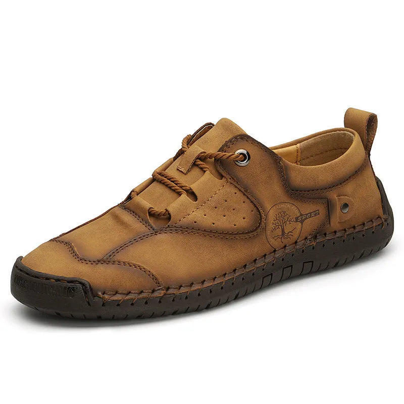 Men's black microfiber casual leather shoes with round toe on white background