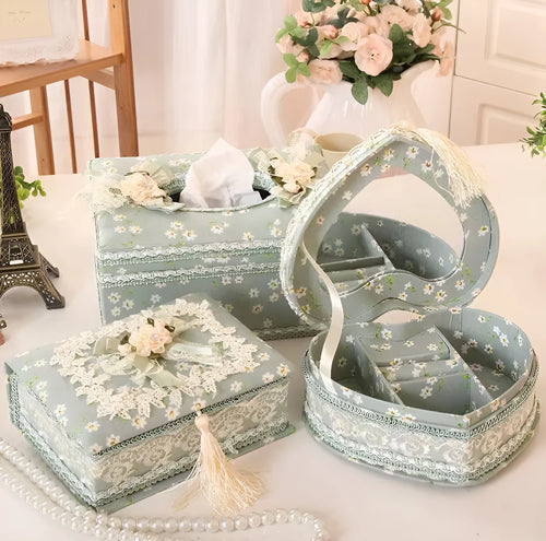 Ceramic tissue box and jewellery organiser in green, pink, or apricot colour options.