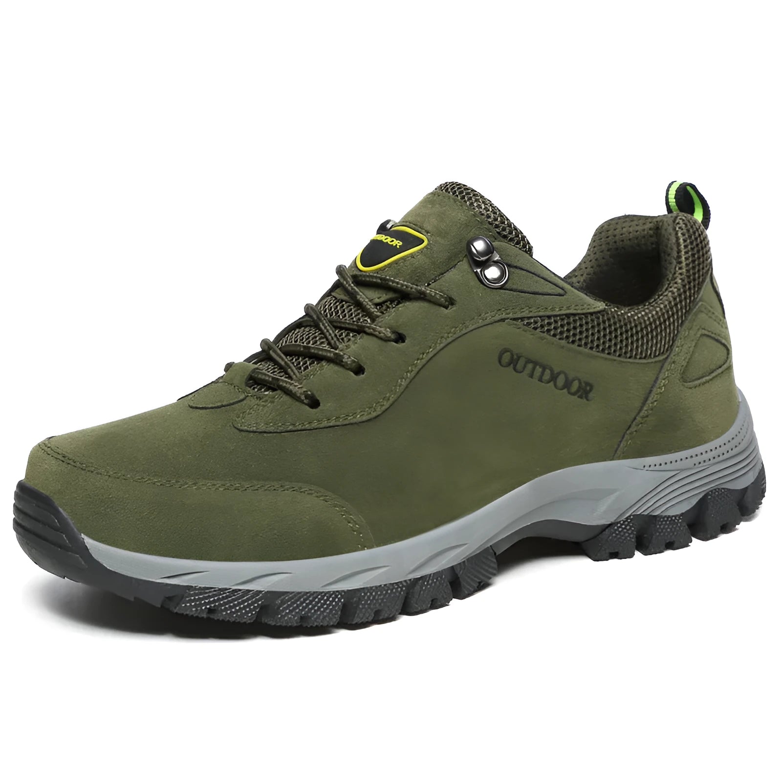 Men's low-cut outdoor hiking shoe in army green with mesh upper and viscose sole.