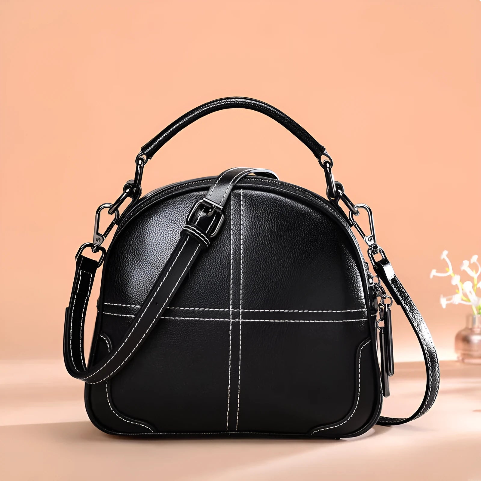Round leather handbag with zipper and double soft handles in multiple colour options