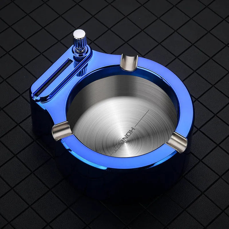 Blue metal ashtray with permanent match lighter and three cigarette slots