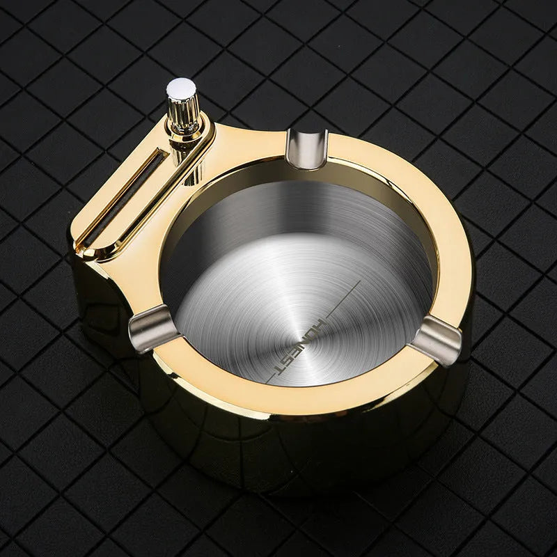 Blue metal ashtray with permanent match lighter and three cigarette slots