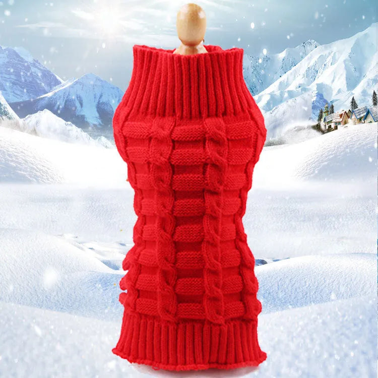 Wool knitted dog sweater with twisted rope detail in red on a mannequin, size chart showing XS to XL measurements.