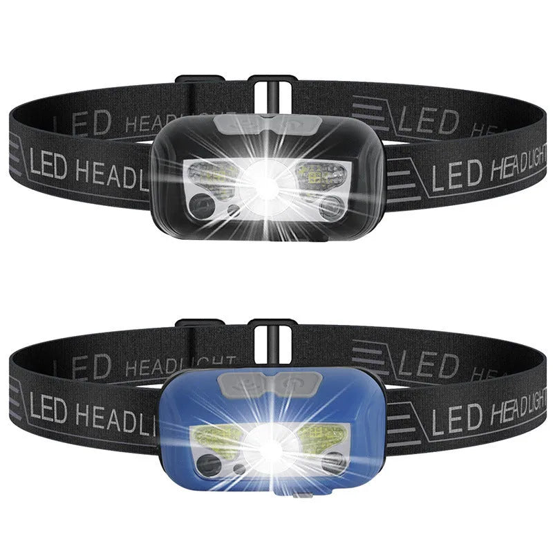 USB rechargeable LED headlamp with motion sensor and red running lights in black colour