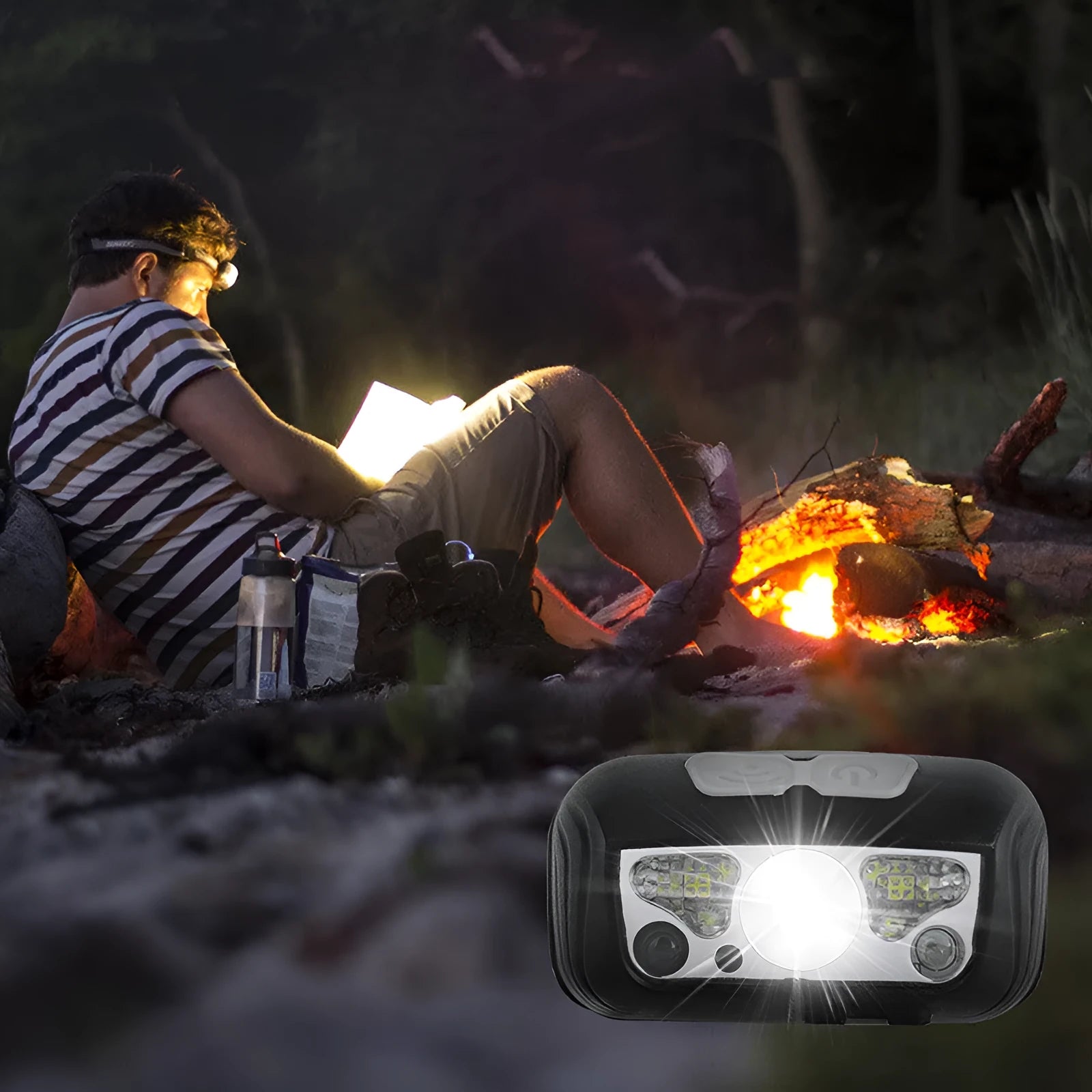 USB rechargeable LED headlamp with motion sensor and red running lights in black colour