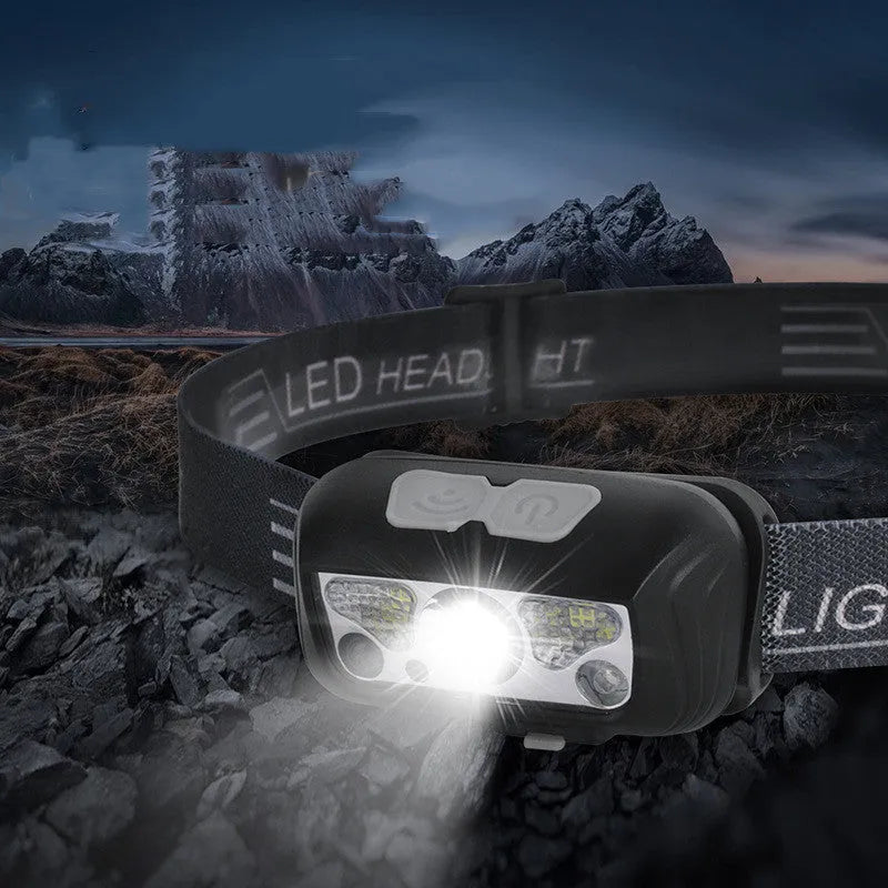USB rechargeable LED headlamp with motion sensor and red running lights in black colour