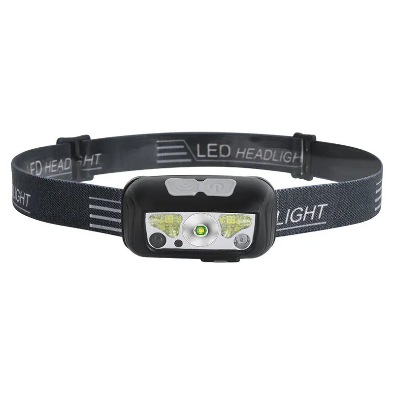 USB rechargeable LED headlamp with motion sensor and red running lights in black colour
