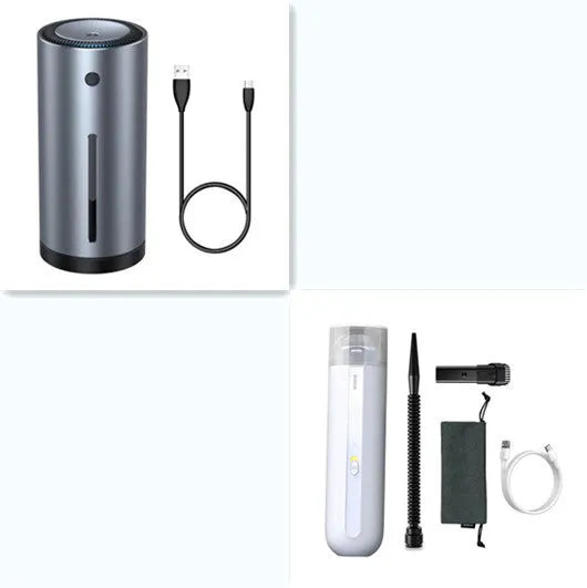Baseus handheld car vacuum cleaner in black, white, or green, shown with blowing hose attachment.