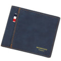 Men's genuine leather tri-fold short wallet open, showing compartments, in dark brown colour.