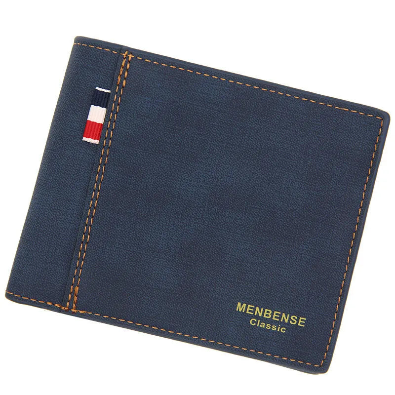 Men's genuine leather tri-fold short wallet open, showing compartments, in dark brown colour.