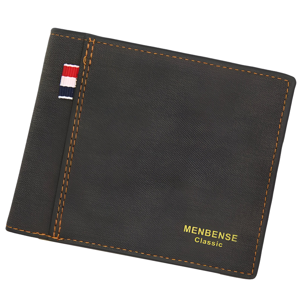 Men's genuine leather tri-fold short wallet open, showing compartments, in dark brown colour.