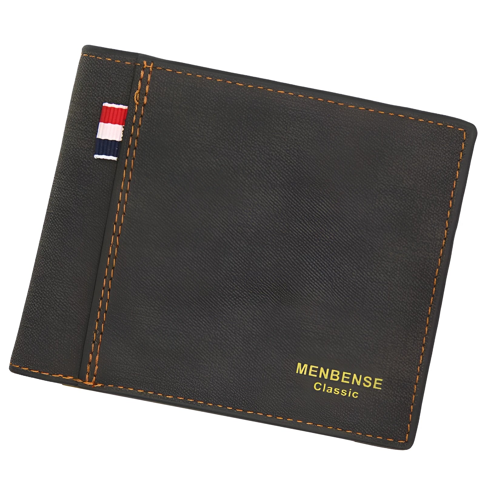 Men's genuine leather tri-fold short wallet open, showing compartments, in dark brown colour.